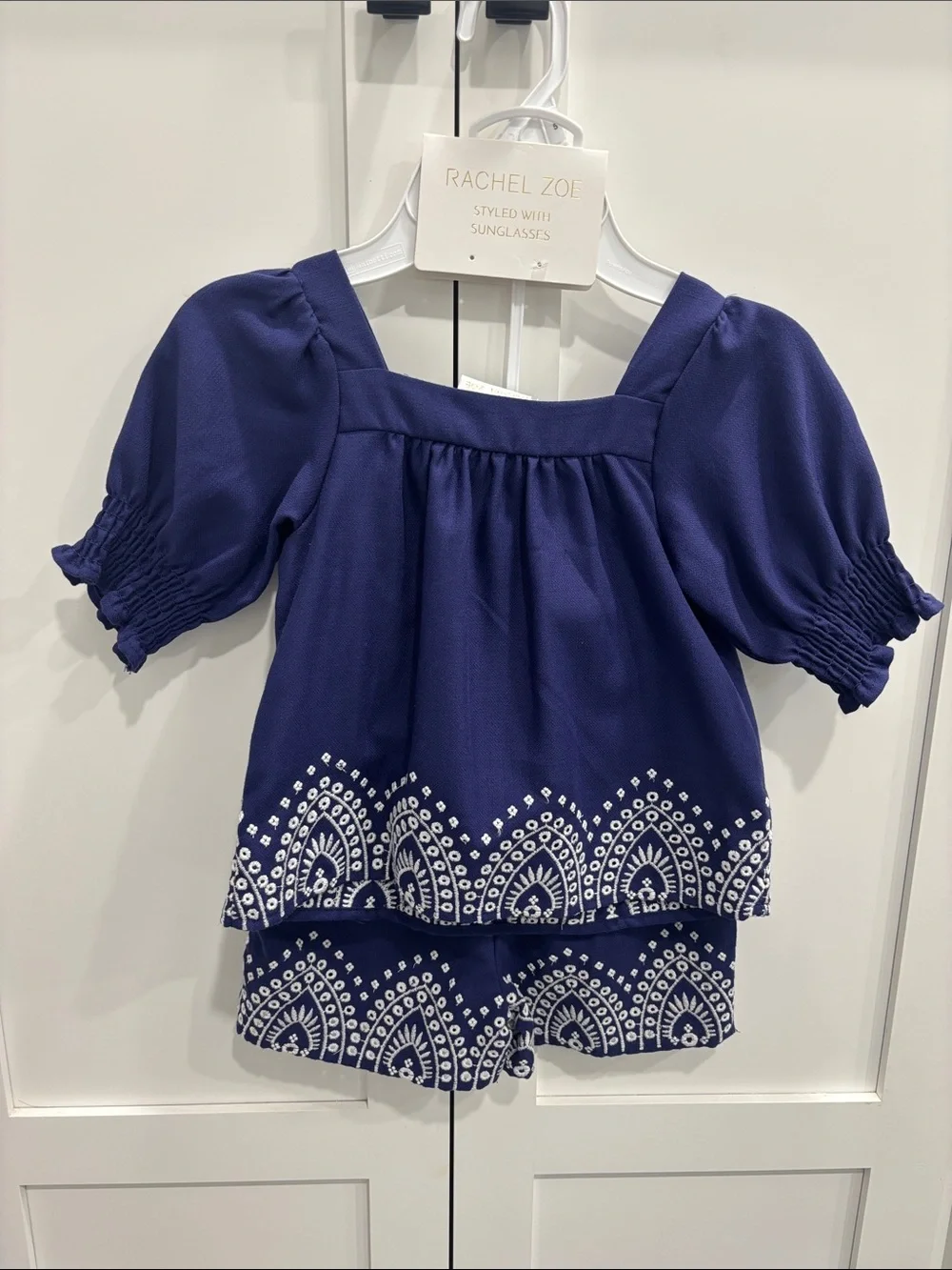 Rachel Zoe Navy Top and Shorts Set with White Embroidery